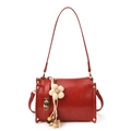 Red glossy faux leather handbag with oversized beige woven flower and wooden beads - With Charm / Red