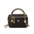 Deep brown velvet quilted crossbody bag with gold handle and clover hardware - Brown