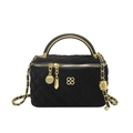Elegant black velvet quilted small crossbody bag with gold metal handle and chain strap - Black