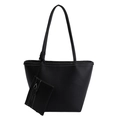 Minimalist black tote bag with white contrast stitching and matching small coin purse - Black