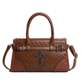 Vintage brown tote bag with woven texture and a large silver metal cross detail - Dark Brown