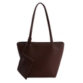 Dark brown faux leather tote bag with white contrast stitching and matching pouch - Brown
