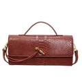 Retro brown baguette bag with snake skin texture and golden metal accents - Brown