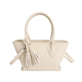 Petit sac cabas minimaliste en cuir beige crème avec double gland et bandoulière - Blanc
