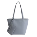Minimalist grey large capacity tote bag with matching coin purse in litchi grain leather - Blue