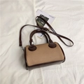 Retro khaki canvas and brown leather Boston handbag with adjustable shoulder strap - Brown