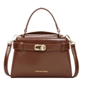 Borsa a tracolla classica in pelle sintetica marrone scuro con manico e chiusura d'oro - Cuoio