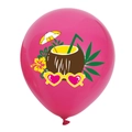Detail of rose pink latex balloon with tropical coconut and hibiscus flower prints - 12 Inch / Rose Red