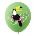 Close-up of green balloon featuring a colorful cartoon toucan and tropical leaf patterns - 12 Inch / Green