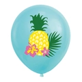 Close-up of light blue latex balloon with pineapple, tropical leaf, and hibiscus flower print - 12 Inch / Blue