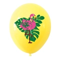 Hawaiian party yellow latex balloon with pink flamingo, hibiscus and palm leaf prints - 12 Inch / Gold