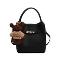 Black pebbled leather bucket bag with silver lock and a cute brown plush bear charm - With Pendant / Black