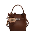 Brown litchi grain leather bucket bag with cute teddy bear charm and silver metal clasp - With Pendant / Coffee