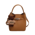 Camel leather bucket bag with silver rotating lock and a cute plush bear charm - With Pendant / Brown