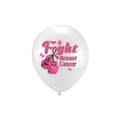 Close-up of white latex balloon featuring pink Fight Breast Cancer text and boxing gloves - White