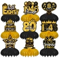 Detailed grid showing 9 black and gold 80th birthday honeycomb table centerpieces - Black Gold 80 Years Old