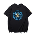 Men's oversized black short-sleeve T-shirt with blue glitter logo and gold emblem - M / Black