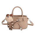 Khaki pebbled leather square handbag with ribbon detail and plush doll charm - With Pendant / Khaki