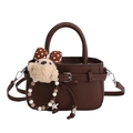 Dark brown faux leather crossbody bag with lychee texture and cute plush bear charm - With Pendant / Brown