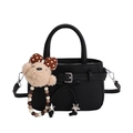 Elegant black lychee grain mini tote bag with bow decoration and teddy bear charm - With Pendant / Black