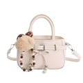 Beige small square bag with litchi texture, bow detail and cute plush bear charm - With Pendant / White