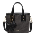 Minimalist dark gray canvas bucket bag with black leather trim and puppy charm accessory - With Pendant / Black
