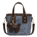 Blue denim crossbody bag with brown leather trim and a cute puppy charm accessory - With Pendant / Blue