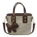 Retro washed denim handbag with brown leather trim and cute puppy charm accessory - With Pendant / Beige and Brown