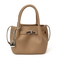 Deep brown bucket bag with lychee grain texture and elegant silver hardware lock - Khaki