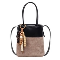 Two-tone bucket bag in black leather and brown suede with quilted patterns and wood beads - Khaki