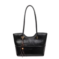 Retro black tote bag in oil wax finish with wood bead tassel and fashion logo - Black