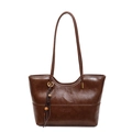 Vintage dark brown faux leather tote bag with wavy top edge and bead charm detail - Brown