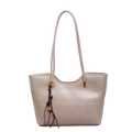 Retro taupe tote bag with long shoulder straps and decorative wooden bead pendant - Khaki