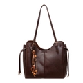 Dark brown retro leather tote bag with vintage stitching and colorful wood bead tassels - With Charm / Brown