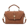 Brown minimalist crossbody bag with top handle and contrast stitching on white background - Brown