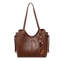 Large capacity vintage brown tote bag with decorative wooden beads and leather texture - With Charm / Brown