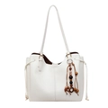 Minimalist large white PU leather tote bag with stylish wooden bead charm for daily commute - With Charm / Off White