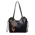 Classic black high-capacity tote bag in textured leather with a vintage beaded tassel - With Charm / Black