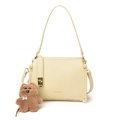 Classic beige faux leather crossbody pillow bag with lychee texture and bear charm - With Pendant / Off White