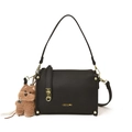 Chic black litchi grain square crossbody bag with gold hardware and a plush dog charm - With Pendant / Black