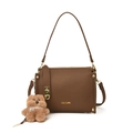 Dark brown leather crossbody bag with gold hardware and a cute plush bear charm - With Pendant / Brown