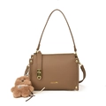 Classic dark brown pebble leather shoulder bag with gold hardware and plush bear charm - With Pendant / Khaki