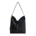Minimalist black matte leather tote bag with contrast stitching and gold buckle details - Black