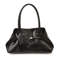 Minimalist black glossy wrinkled tote bag with silver buckle and single top handle - Black