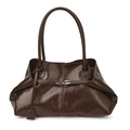 Minimalist deep brown glossy leather tote bag with silver buckle and shoulder strap - Brown