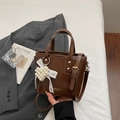 Chic brown PU leather bucket bag with heart pearl pendant and adjustable strap - With Pendant / Brown