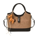 Retro-Beuteltasche in Braun mit schwarzem Lederbesatz und silbernem Schloss - Mit Anhänger / Khaki