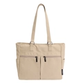 Beige large capacity canvas tote bag with multiple pockets and silver hardware detail - Khaki