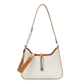 Retro crescent underarm bag in beige canvas with brown leather trim and metal chain - Khaki and White