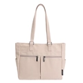 Large capacity canvas tote bag in off-white finish with dual metal zipper pockets - Beige Grey